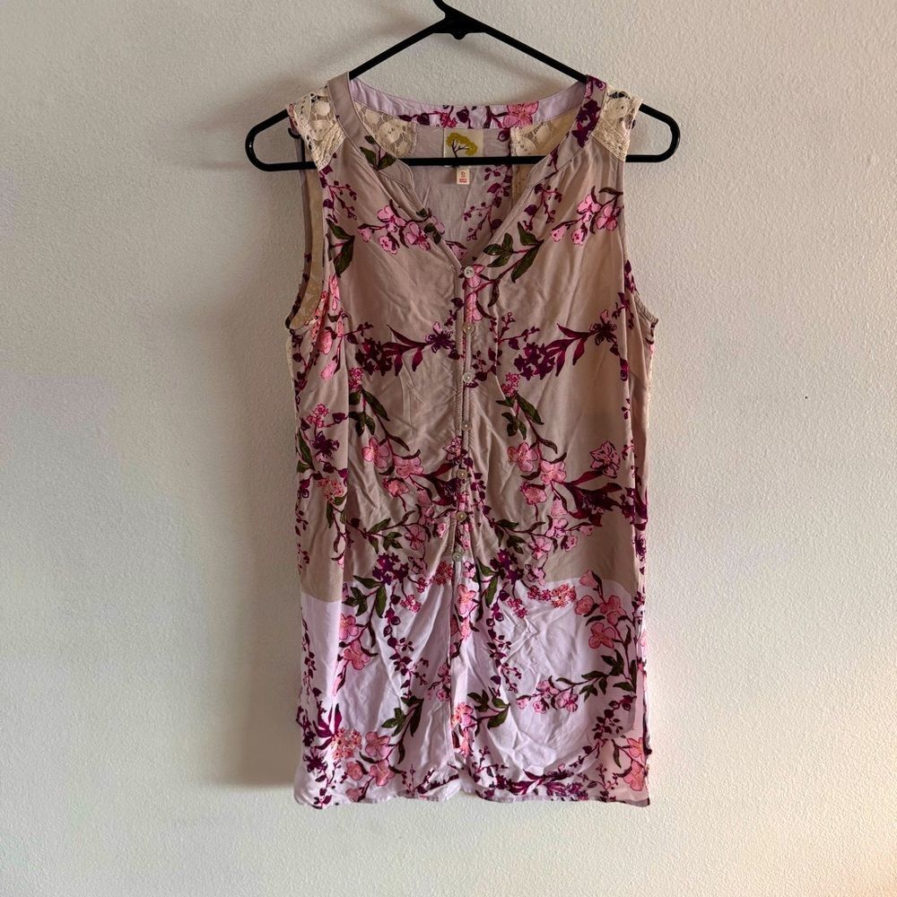 Fig and Flower Floral And Lace Tank Dress Rayon Tunic Cottagecore Fairy Size Sm